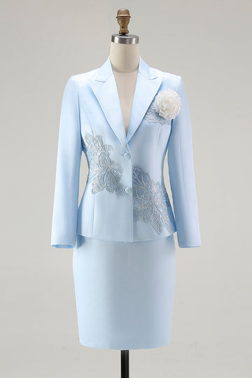 Blue 2-Piece Satin Mother of the Bride Dress With Embroidery